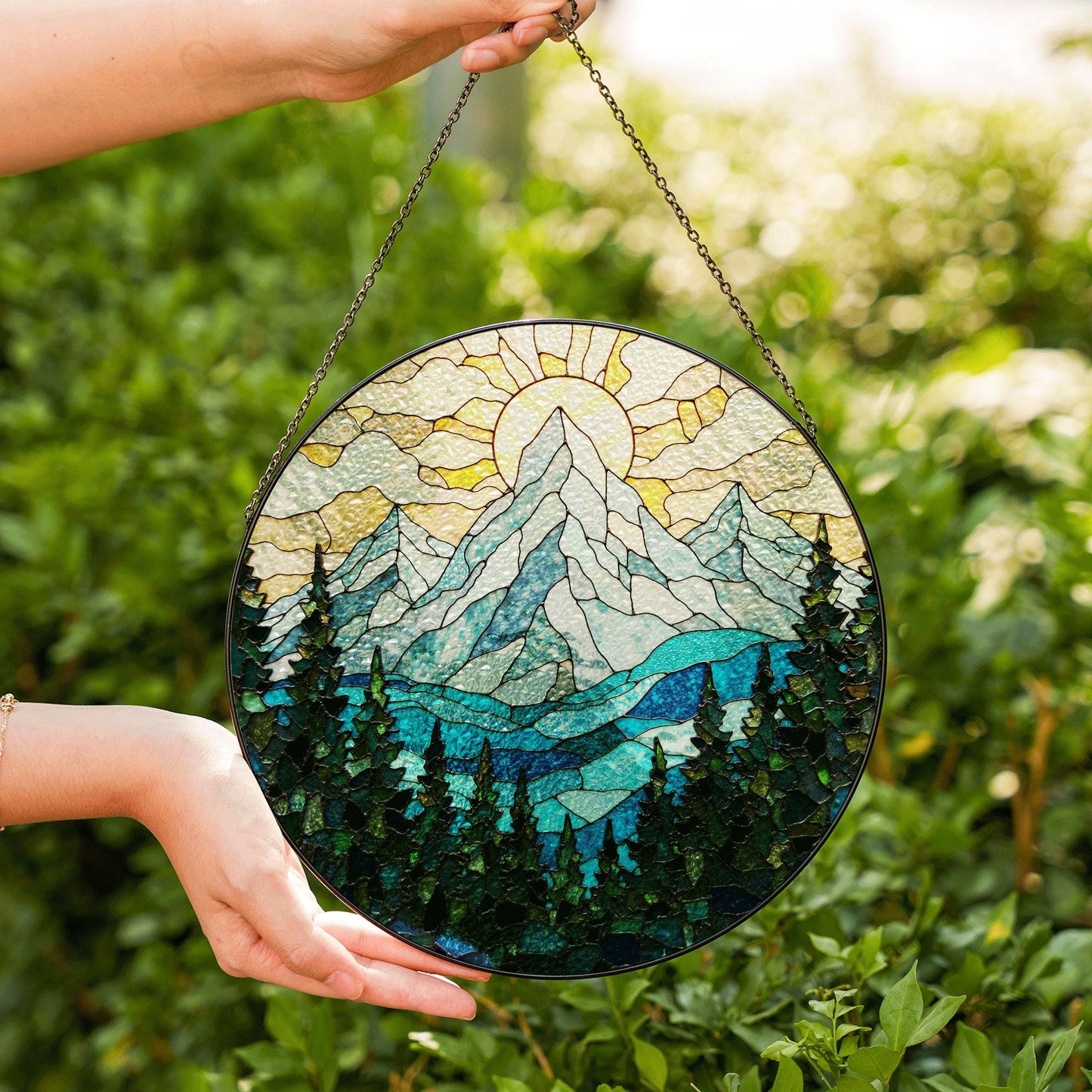 Mountain Sun and Forest Suncatcher Stained Glass Art Gift for Nature Lover