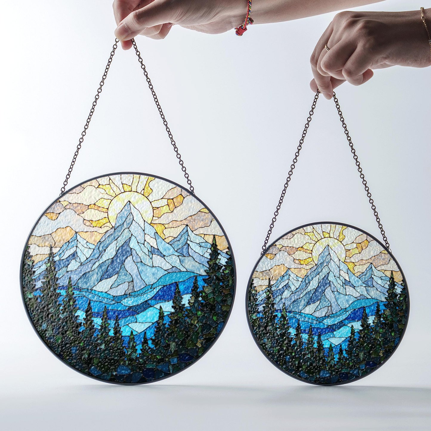 Mountain Sun and Forest Suncatcher Stained Glass Art Gift for Nature Lover
