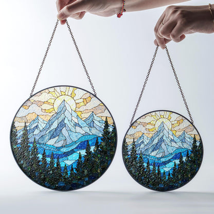 Mountain Sun and Forest Suncatcher Stained Glass Art Gift for Nature Lover