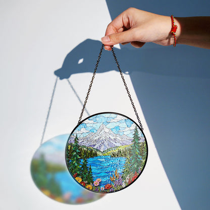 Mountain Lake View Stained Glass Style Suncatcher Nature Scene Art Gift for Hikers and Campers