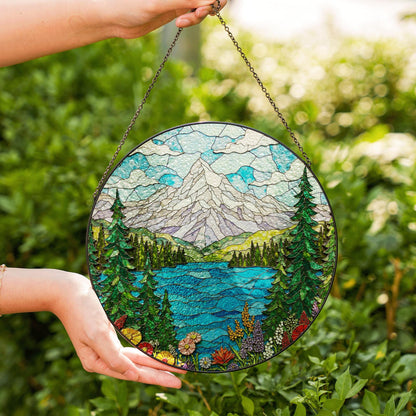 Mountain Lake View Stained Glass Style Suncatcher Nature Scene Art Gift for Hikers and Campers