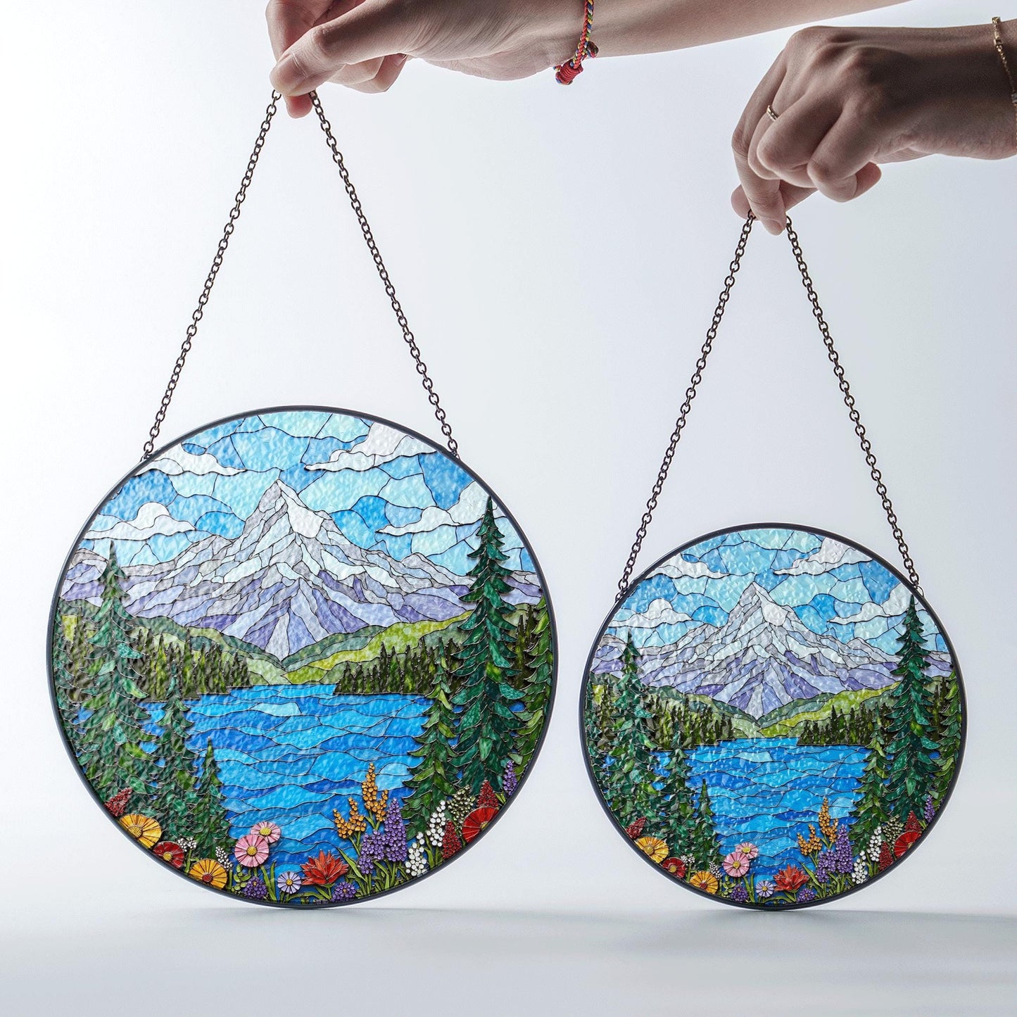 Mountain Lake View Stained Glass Style Suncatcher Nature Scene Art Gift for Hikers and Campers
