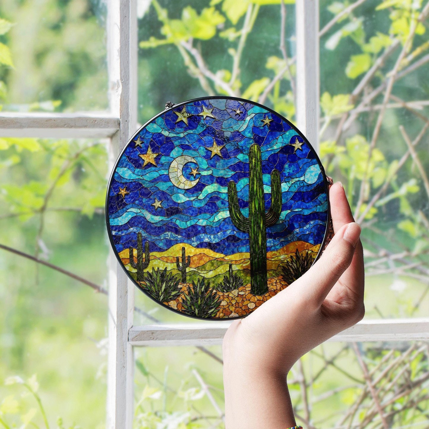 Starry Desert Night Cactus Stained Glass Suncatcher Window Decor Gift for Nature Lovers