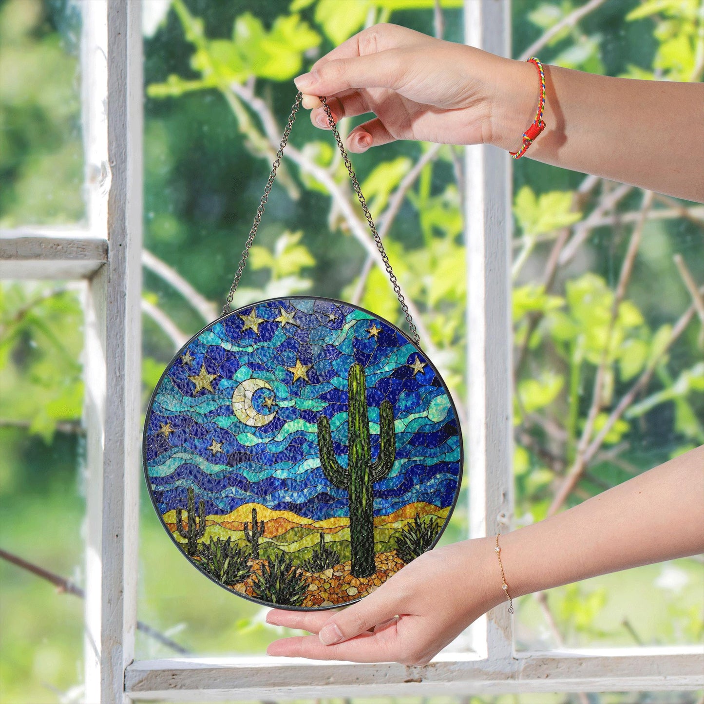 Starry Desert Night Cactus Stained Glass Suncatcher Window Decor Gift for Nature Lovers