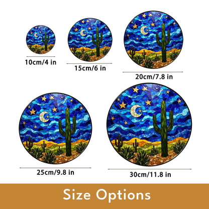 Starry Desert Night Cactus Stained Glass Suncatcher Window Decor Gift for Nature Lovers