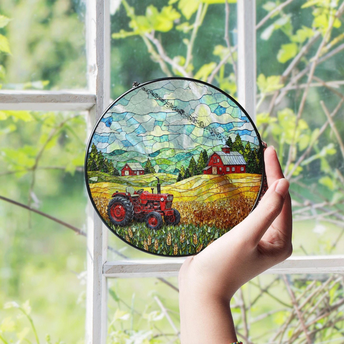 Red Tractor Farm Scene Stained Glass Suncatcher Country Landscape Window Decor Gift Dad