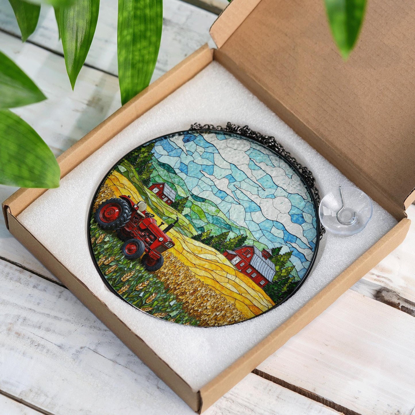 Red Tractor Farm Scene Stained Glass Suncatcher Country Landscape Window Decor Gift Dad