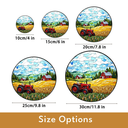 Red Tractor Farm Scene Stained Glass Suncatcher Country Landscape Window Decor Gift Dad