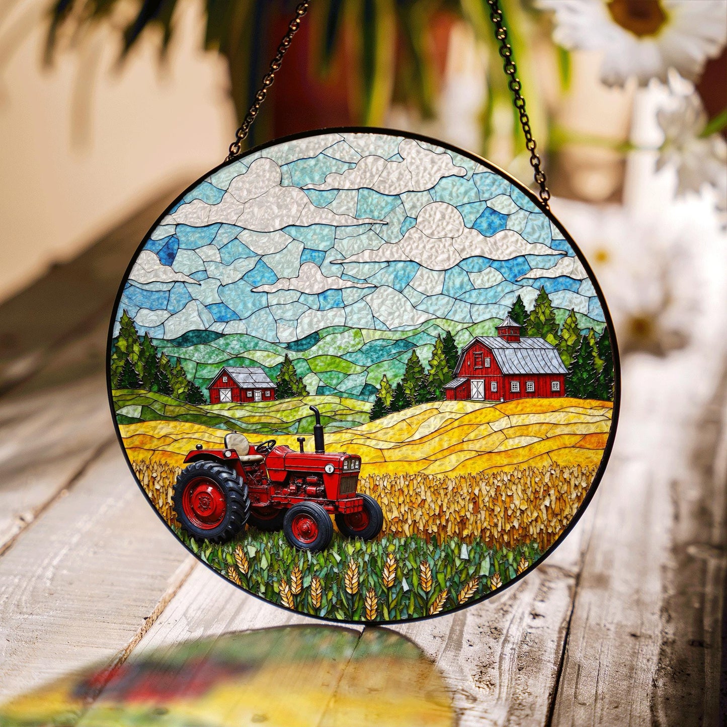 Red Tractor Farm Scene Stained Glass Suncatcher Country Landscape Window Decor Gift Dad