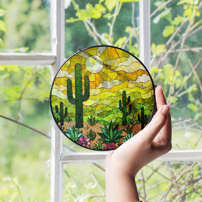 desert cactus landscape suncatcher stained glass window decor gift for plant lover
