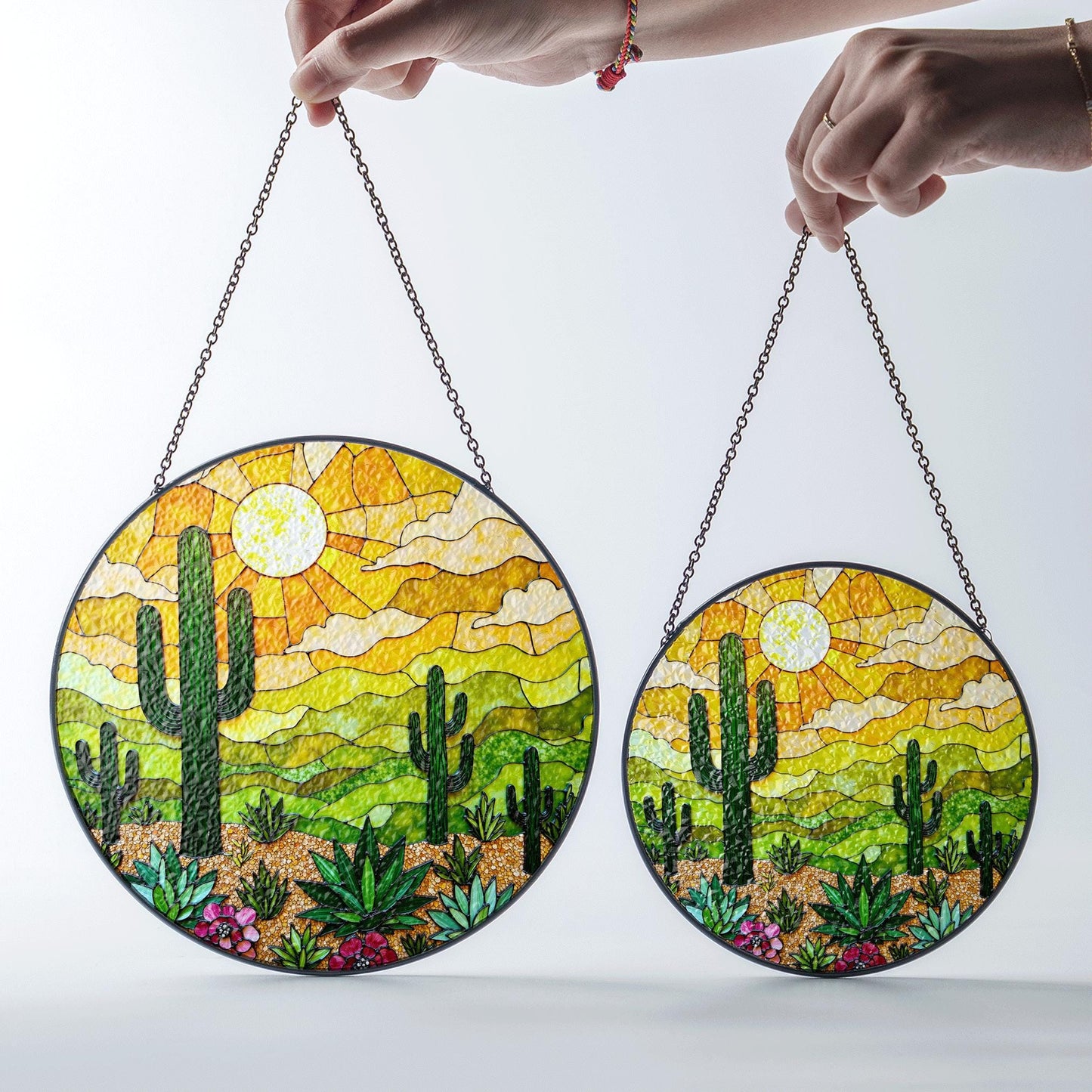 desert cactus landscape suncatcher stained glass window decor gift for plant lover