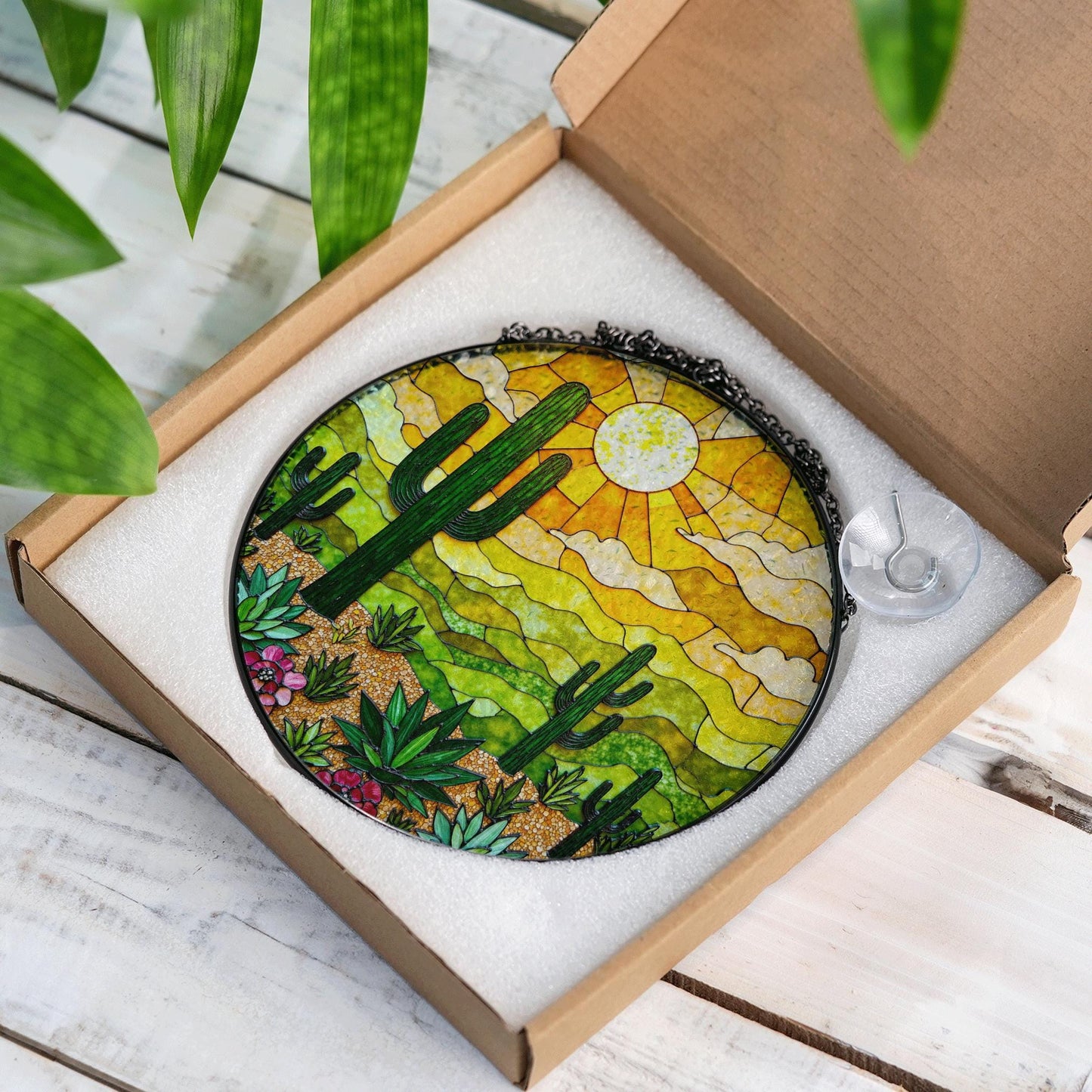 desert cactus landscape suncatcher stained glass window decor gift for plant lover