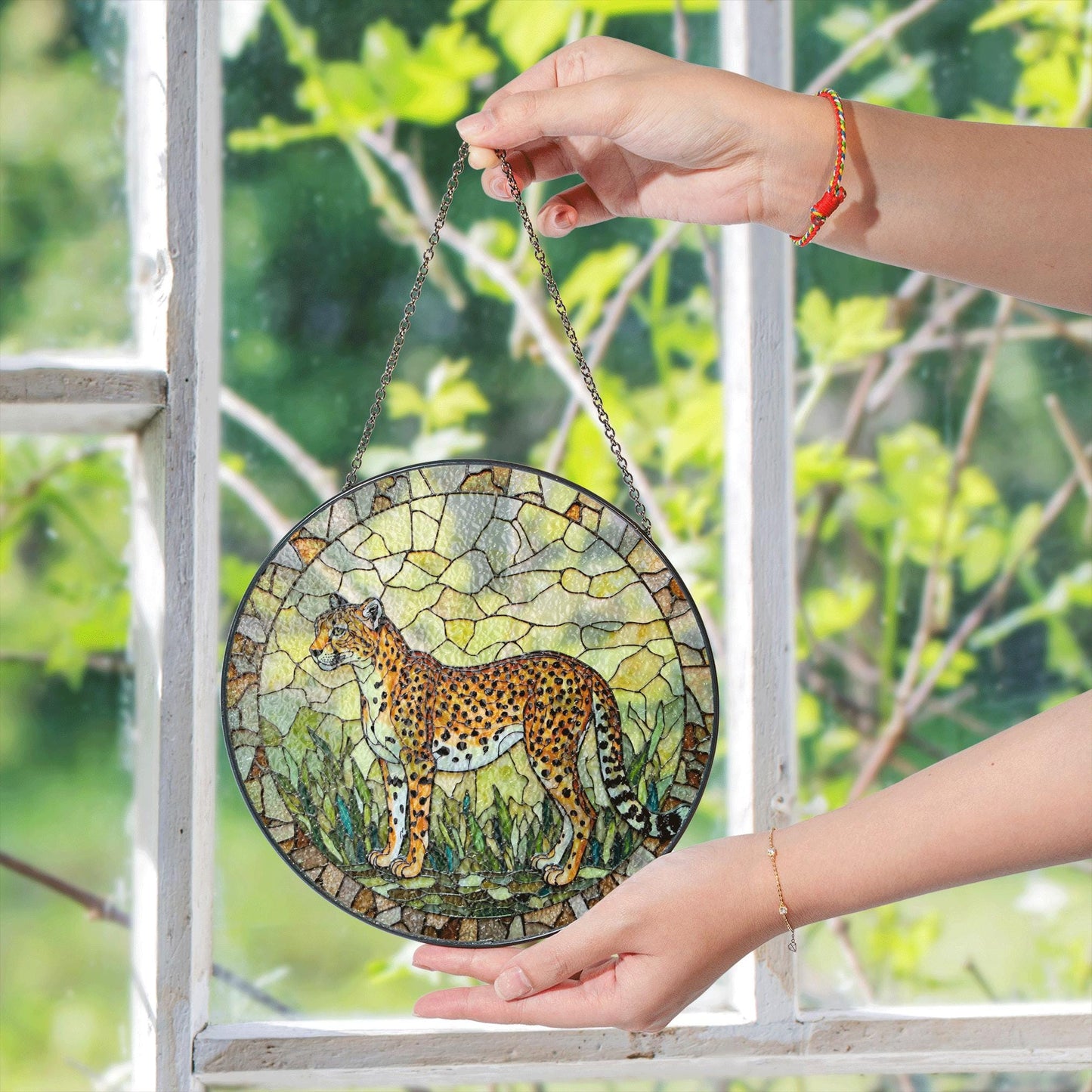 Stained Glass Cheetah Suncatcher Safari Animal Decor Gift for Dad