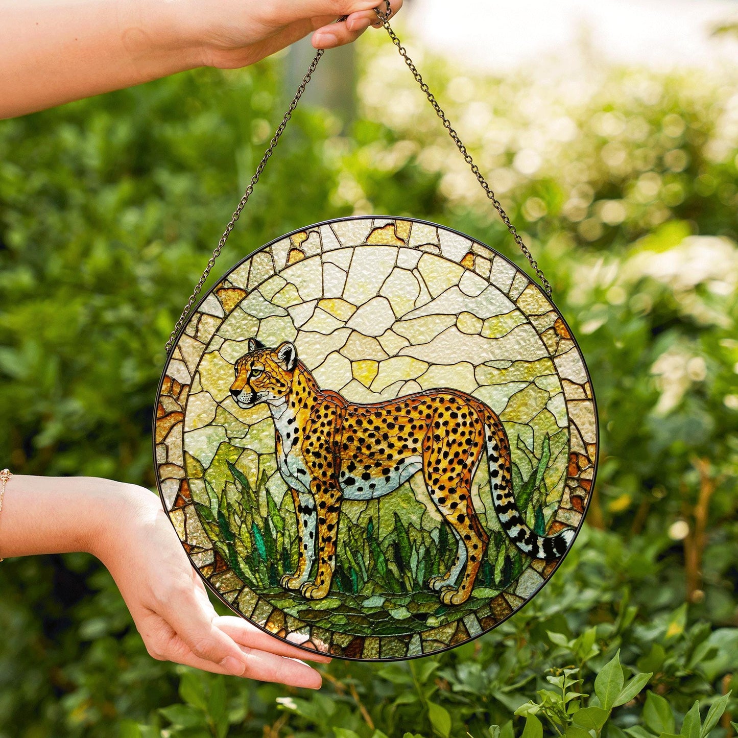 Stained Glass Cheetah Suncatcher Safari Animal Decor Gift for Dad