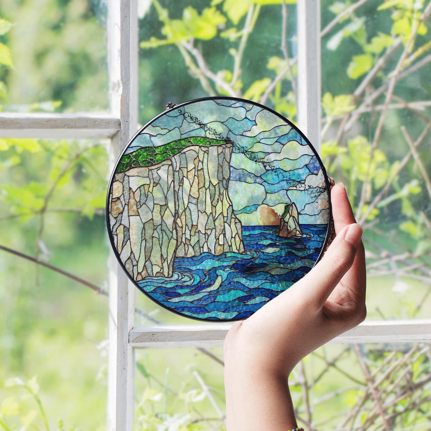 Coastal Cliff Ocean View Stained Glass Suncatcher Handmade Window Art Gift for Nature Lover
