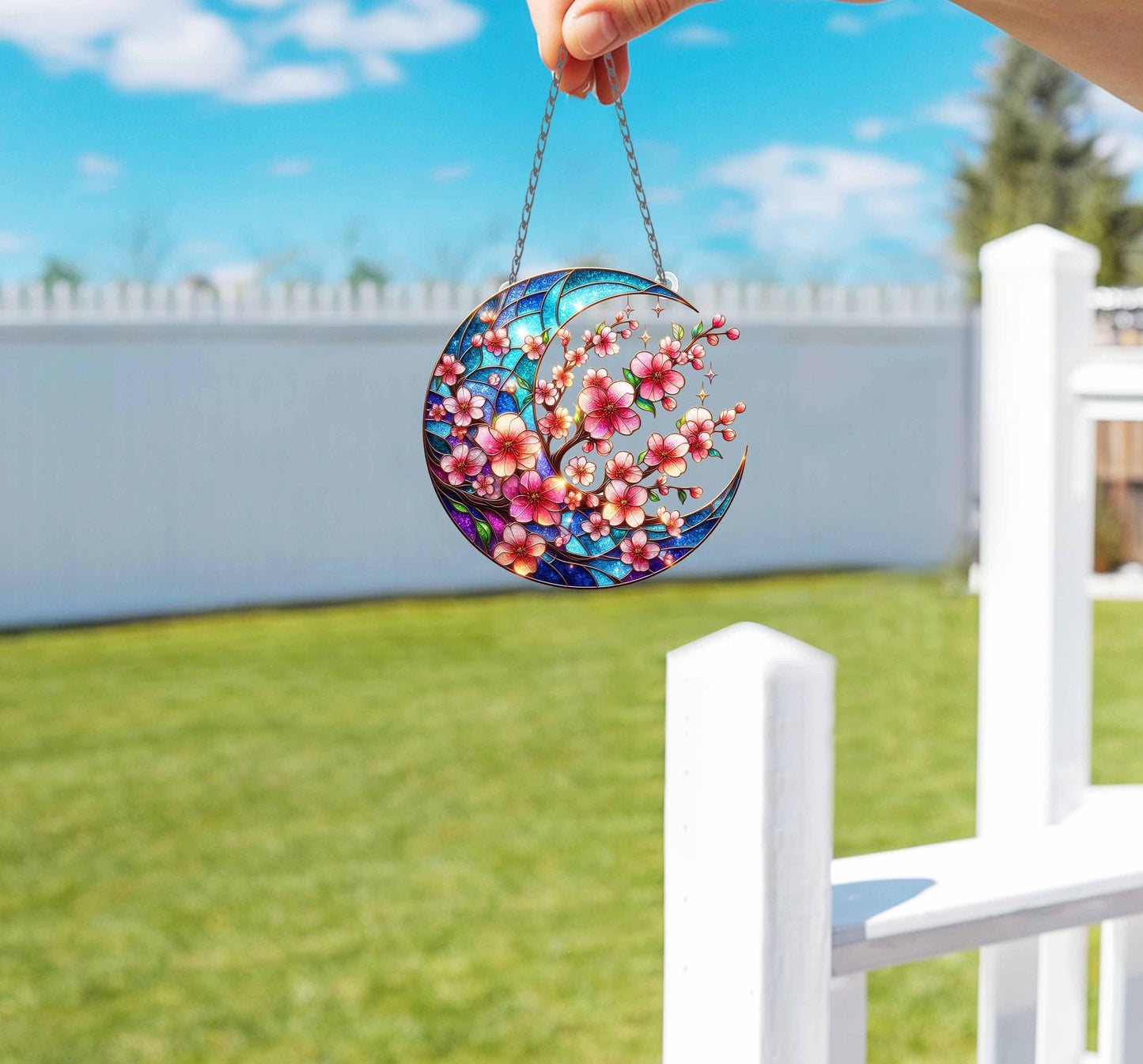 Sakura Twig Branch ACRYLIC Window Hanging, Cherry Blossom Crescent Moon Wall Window Hanging Art Decoration Ornament, Mother's Day Gift