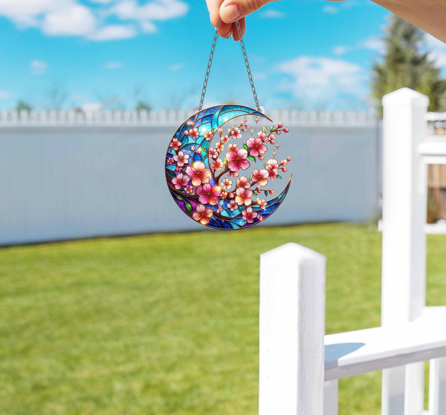 Sakura Twig Branch ACRYLIC Window Hanging, Cherry Blossom Crescent Moon Wall Window Hanging Art Decoration Ornament, Mother's Day Gift