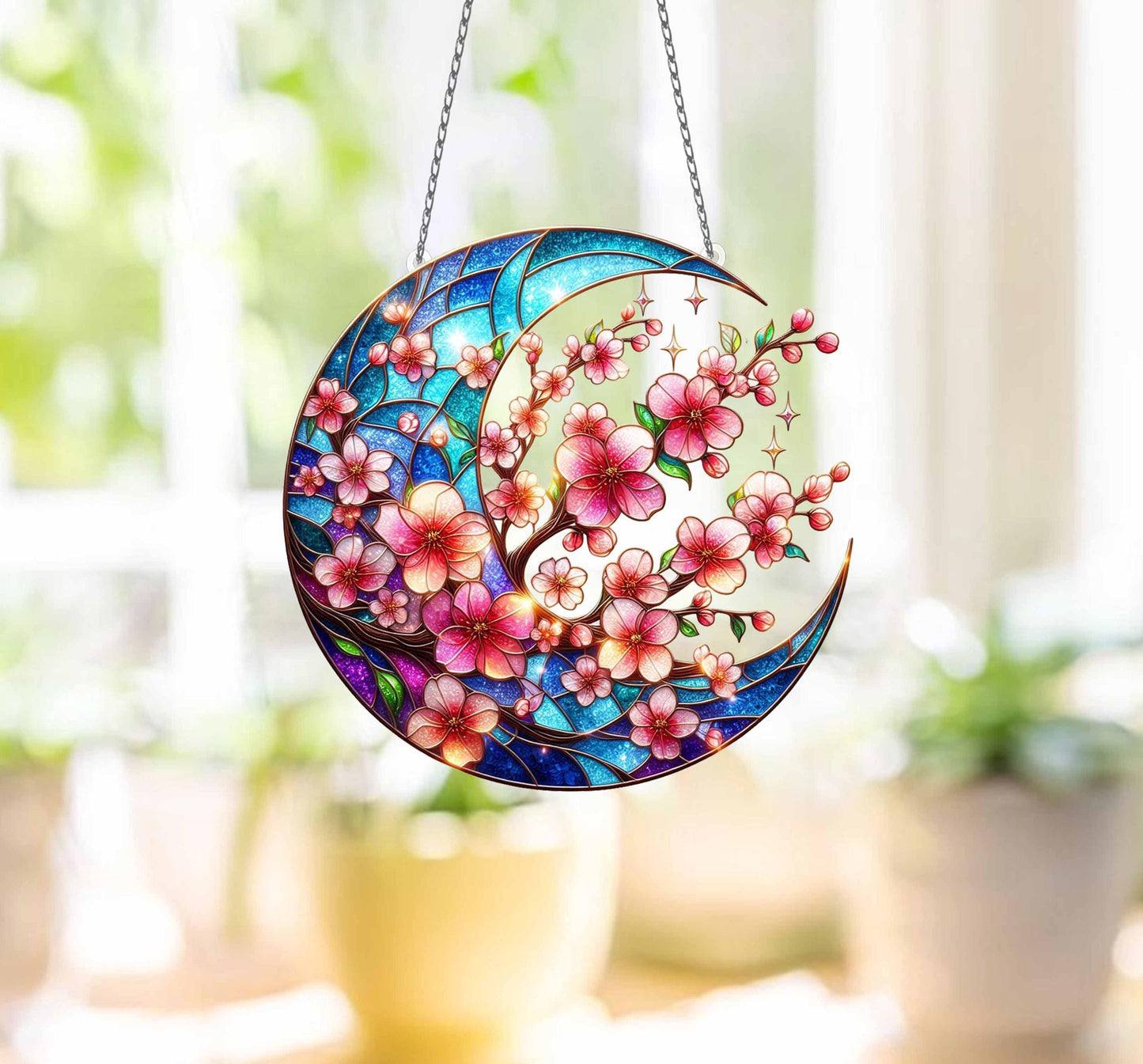 Sakura Twig Branch ACRYLIC Window Hanging, Cherry Blossom Crescent Moon Wall Window Hanging Art Decoration Ornament, Mother's Day Gift