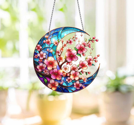 Sakura Twig Branch ACRYLIC Window Hanging, Cherry Blossom Crescent Moon Wall Window Hanging Art Decoration Ornament, Mother's Day Gift