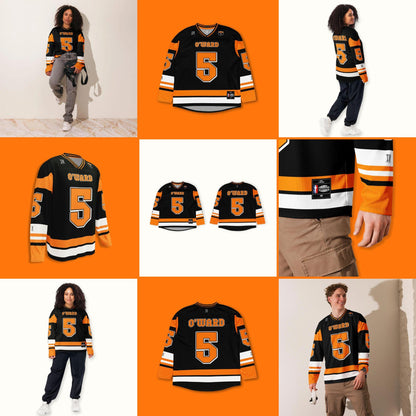 Motorsport-Inspired Unisex Oversized Hockey Jersey – Black and Orange Racing Jersey with Bold Number 5 Design