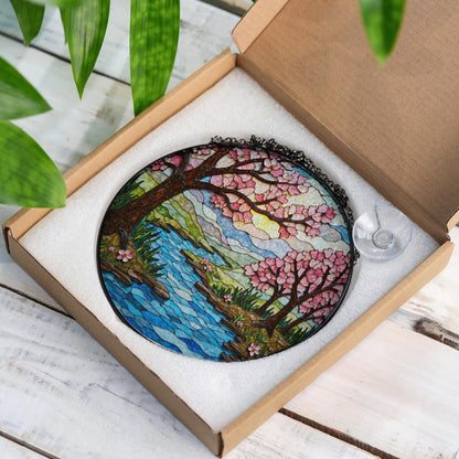 Cherry Blossom River Stained Glass Suncatcher Round Window Hanging Gift for Mom