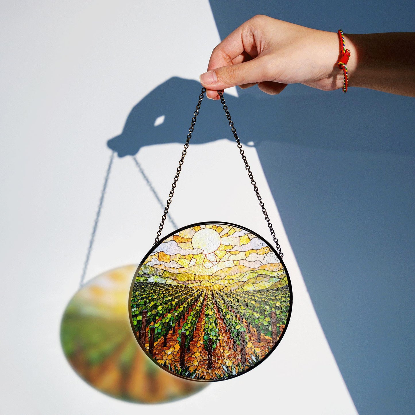 Golden Vineyard View Suncatcher Stained Glass Hanging Gift for Wine Lovers or Garden Fans