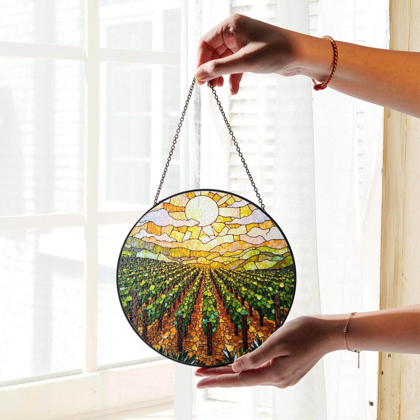 Golden Vineyard View Suncatcher Stained Glass Hanging Gift for Wine Lovers or Garden Fans