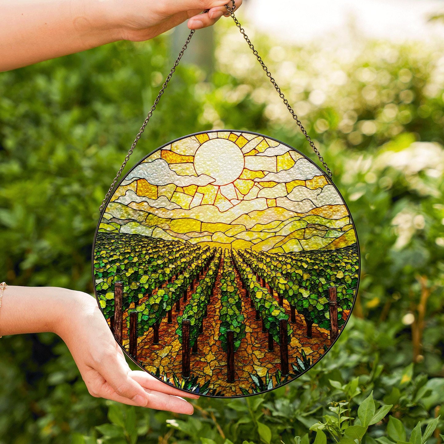 Golden Vineyard View Suncatcher Stained Glass Hanging Gift for Wine Lovers or Garden Fans