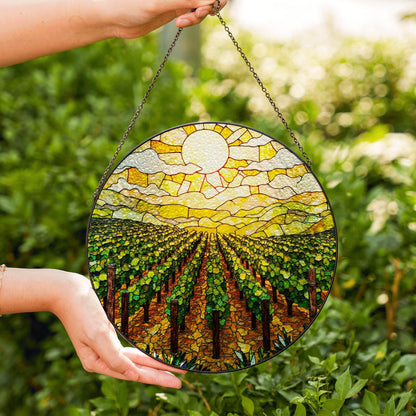 Golden Vineyard View Suncatcher Stained Glass Hanging Gift for Wine Lovers or Garden Fans