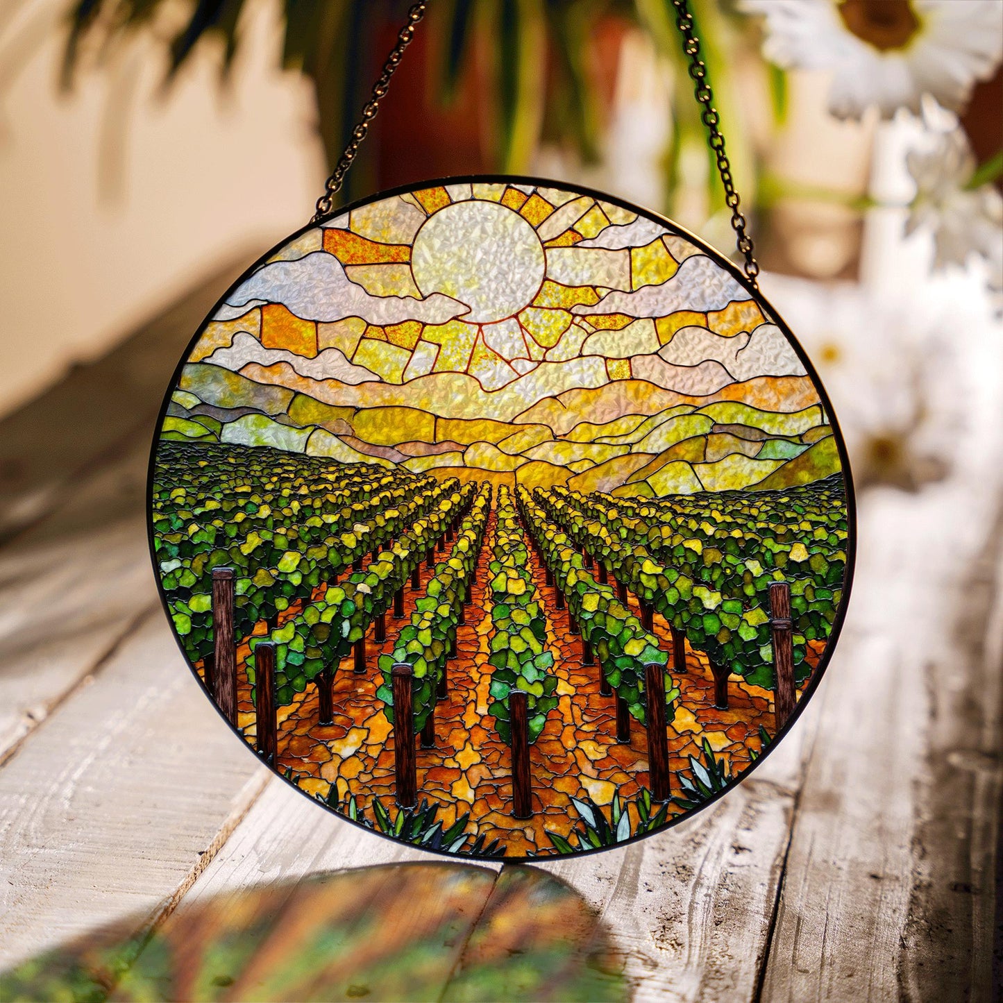 Golden Vineyard View Suncatcher Stained Glass Hanging Gift for Wine Lovers or Garden Fans