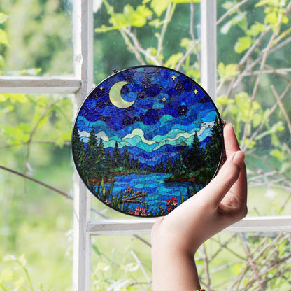 Moonlit forest lake night scene stained glass suncatcher window hanging gift for mom