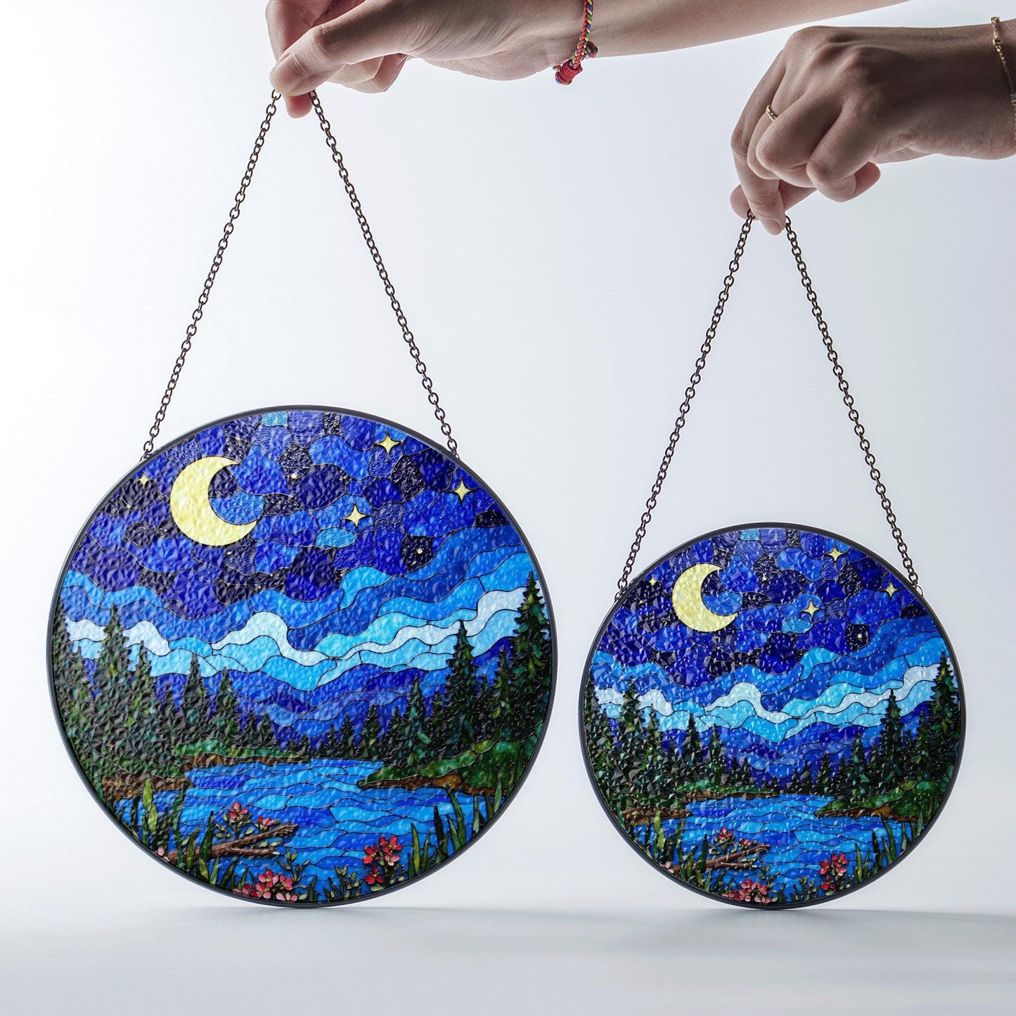 Moonlit forest lake night scene stained glass suncatcher window hanging gift for mom