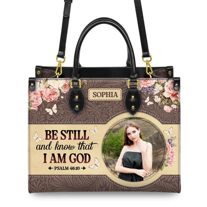 Personalized Leather Handbag Custom Name, Christian Gift, Gifts for Women, Be Still and Know Floral Bag, Butterfly & Flower Design