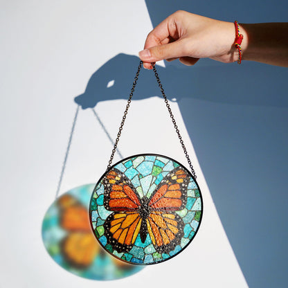 Monarch butterfly stained glass suncatcher round window decor gift for nature lover