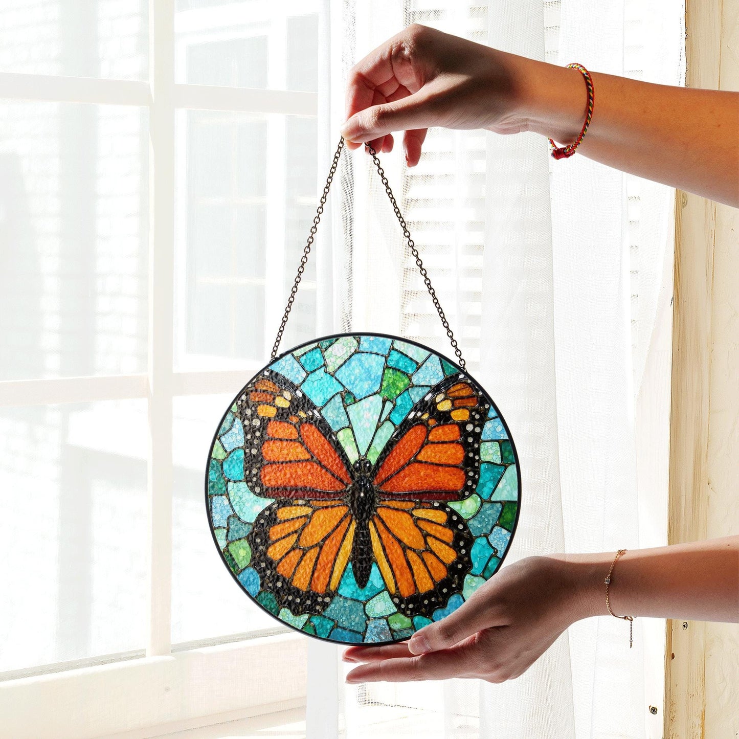 Monarch butterfly stained glass suncatcher round window decor gift for nature lover