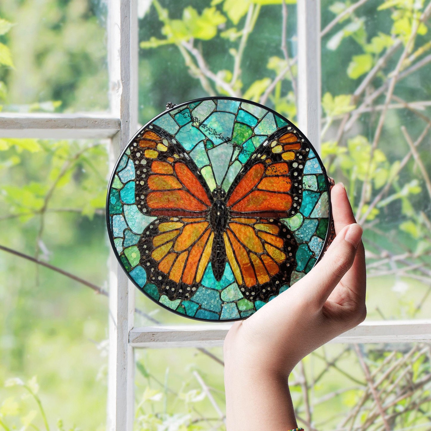 Monarch butterfly stained glass suncatcher round window decor gift for nature lover