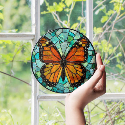 Monarch butterfly stained glass suncatcher round window decor gift for nature lover