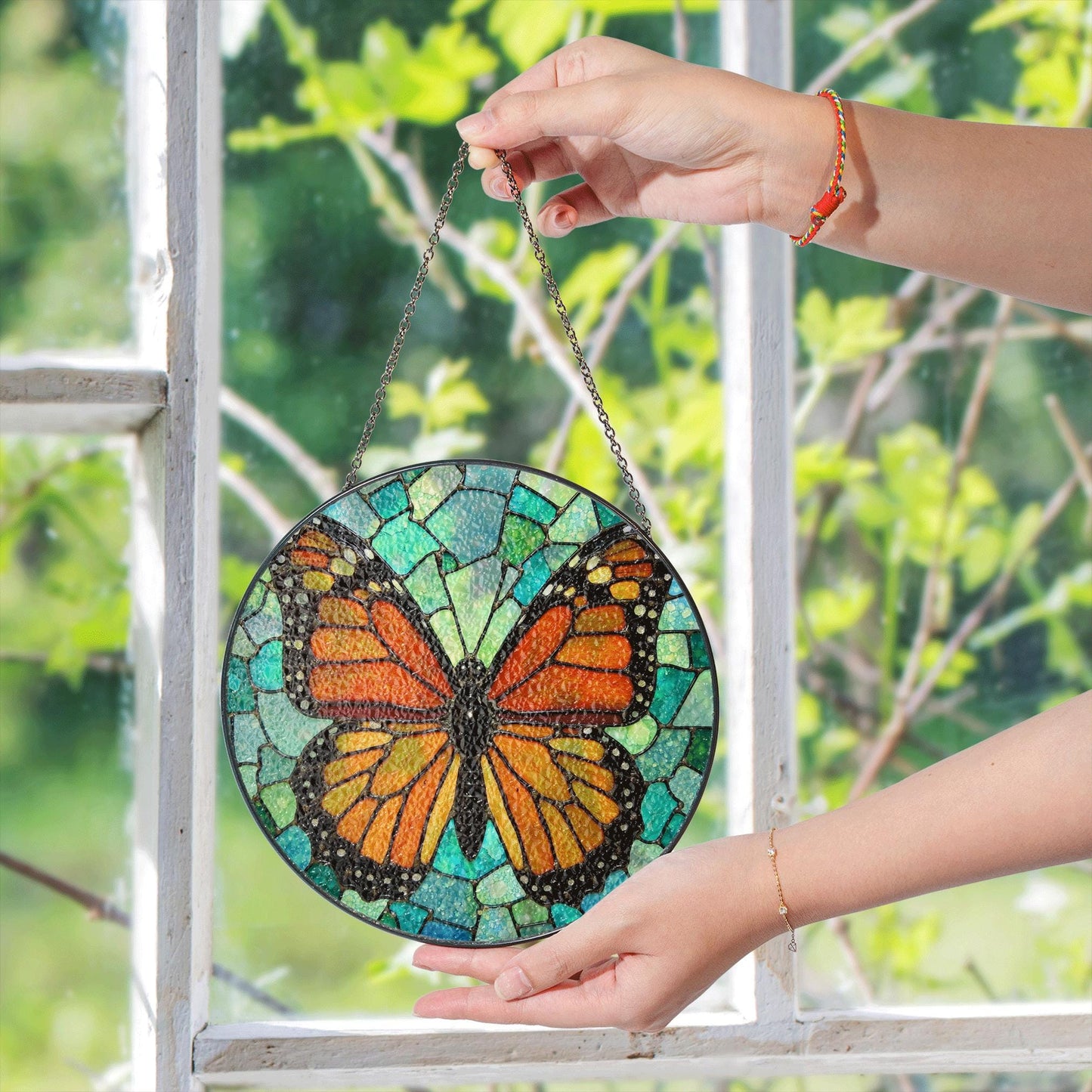 Monarch butterfly stained glass suncatcher round window decor gift for nature lover