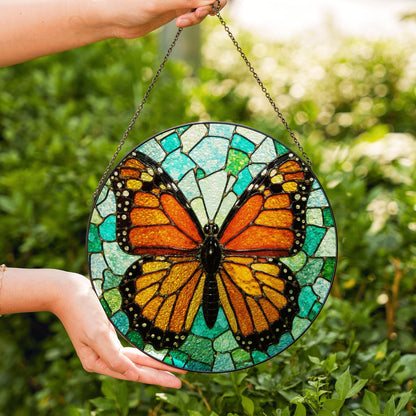 Monarch butterfly stained glass suncatcher round window decor gift for nature lover