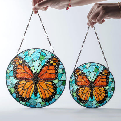 Monarch butterfly stained glass suncatcher round window decor gift for nature lover