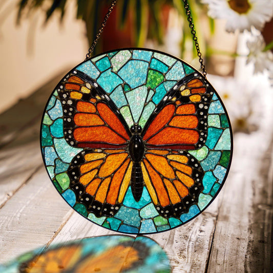 Monarch butterfly stained glass suncatcher round window decor gift for nature lover