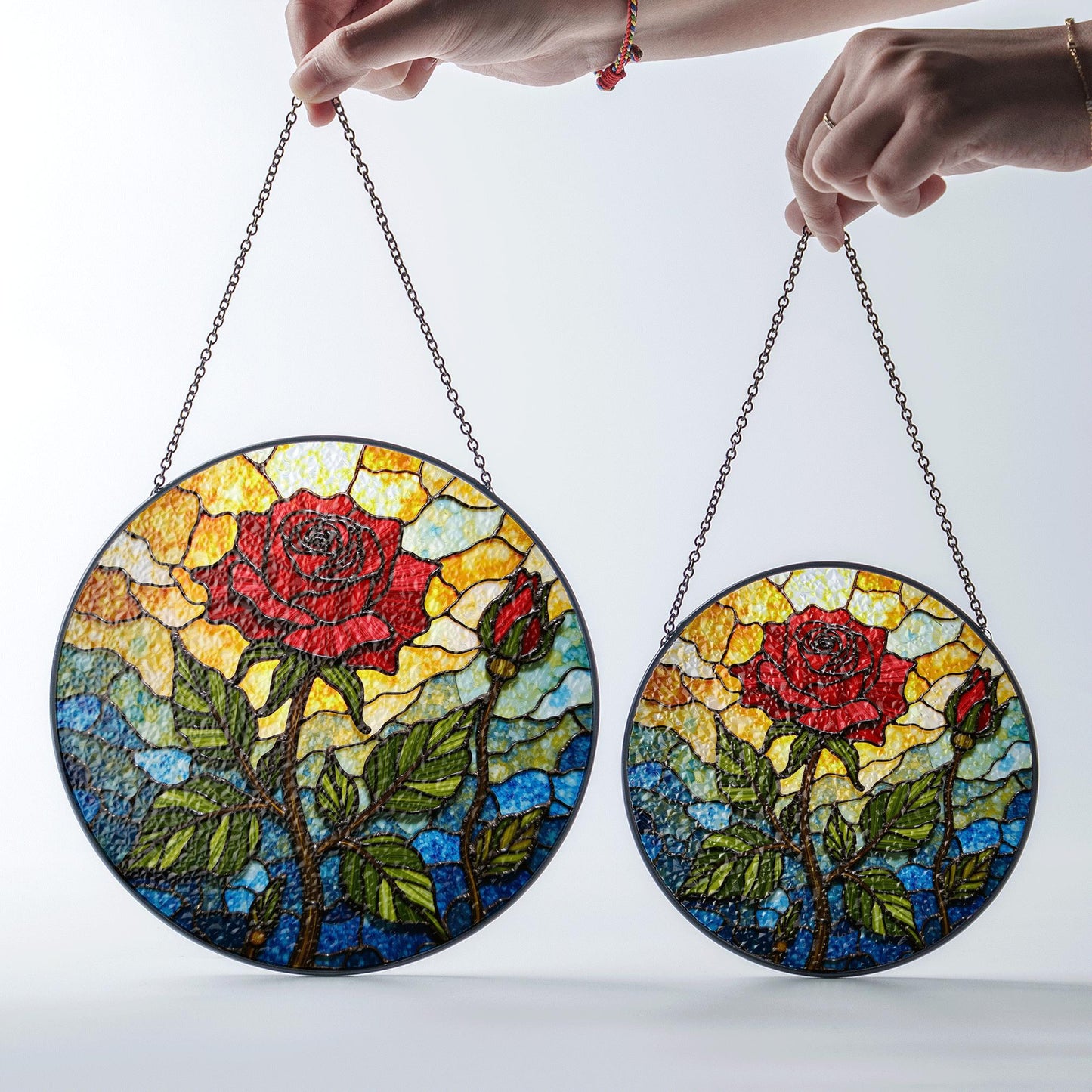 Red rose and bud stained glass floral suncatcher romantic window decor gift for wife or girlfriend