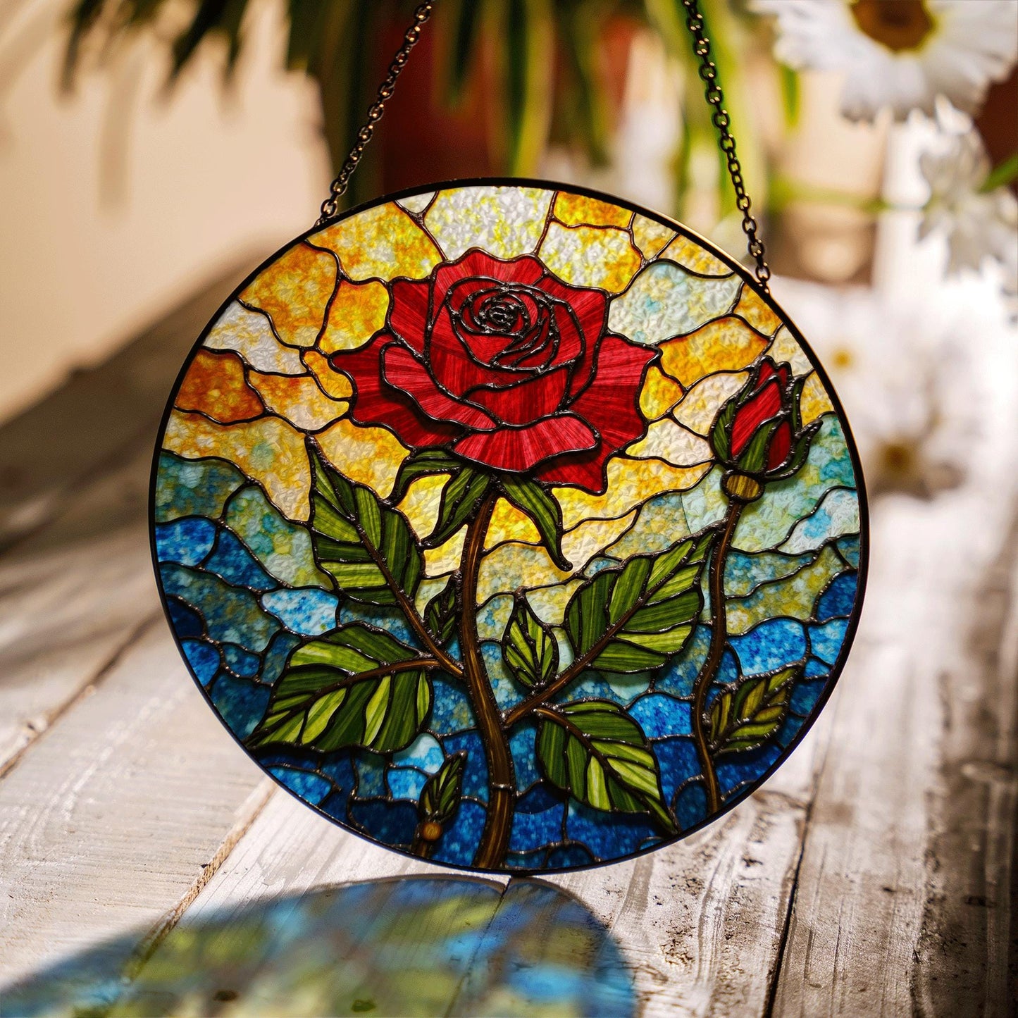 Red rose and bud stained glass floral suncatcher romantic window decor gift for wife or girlfriend