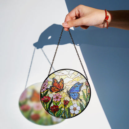 Stained glass butterflies in wildflower garden round suncatcher window decor gift for mom