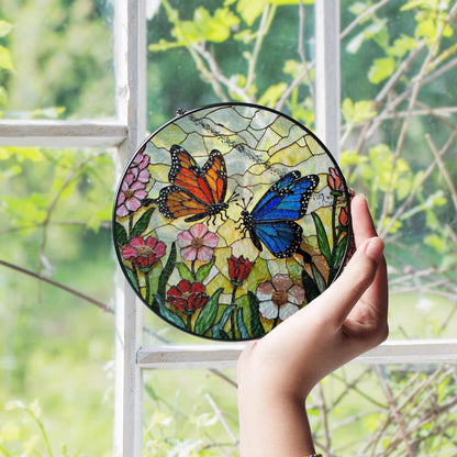 Stained glass butterflies in wildflower garden round suncatcher window decor gift for mom