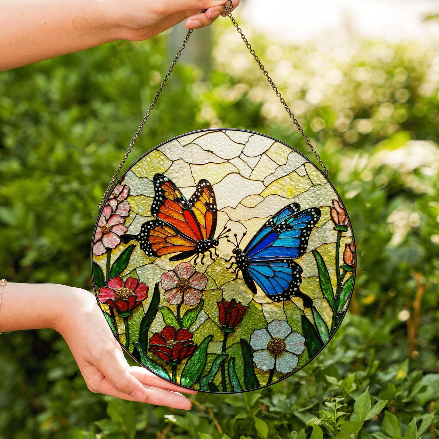 Stained glass butterflies in wildflower garden round suncatcher window decor gift for mom