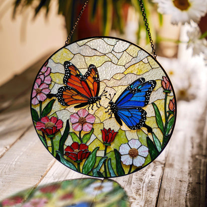 Stained glass butterflies in wildflower garden round suncatcher window decor gift for mom