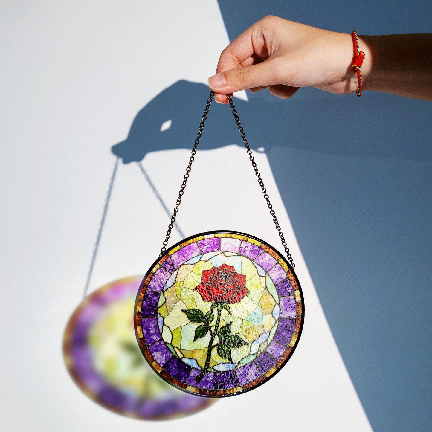 Red rose bloom with purple mosaic round stained glass suncatcher gift for flower lovers