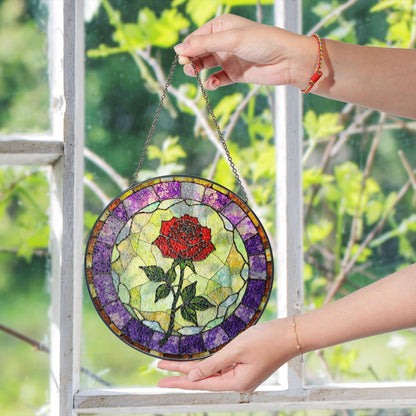 Red rose bloom with purple mosaic round stained glass suncatcher gift for flower lovers