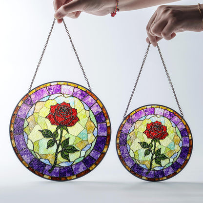 Red rose bloom with purple mosaic round stained glass suncatcher gift for flower lovers